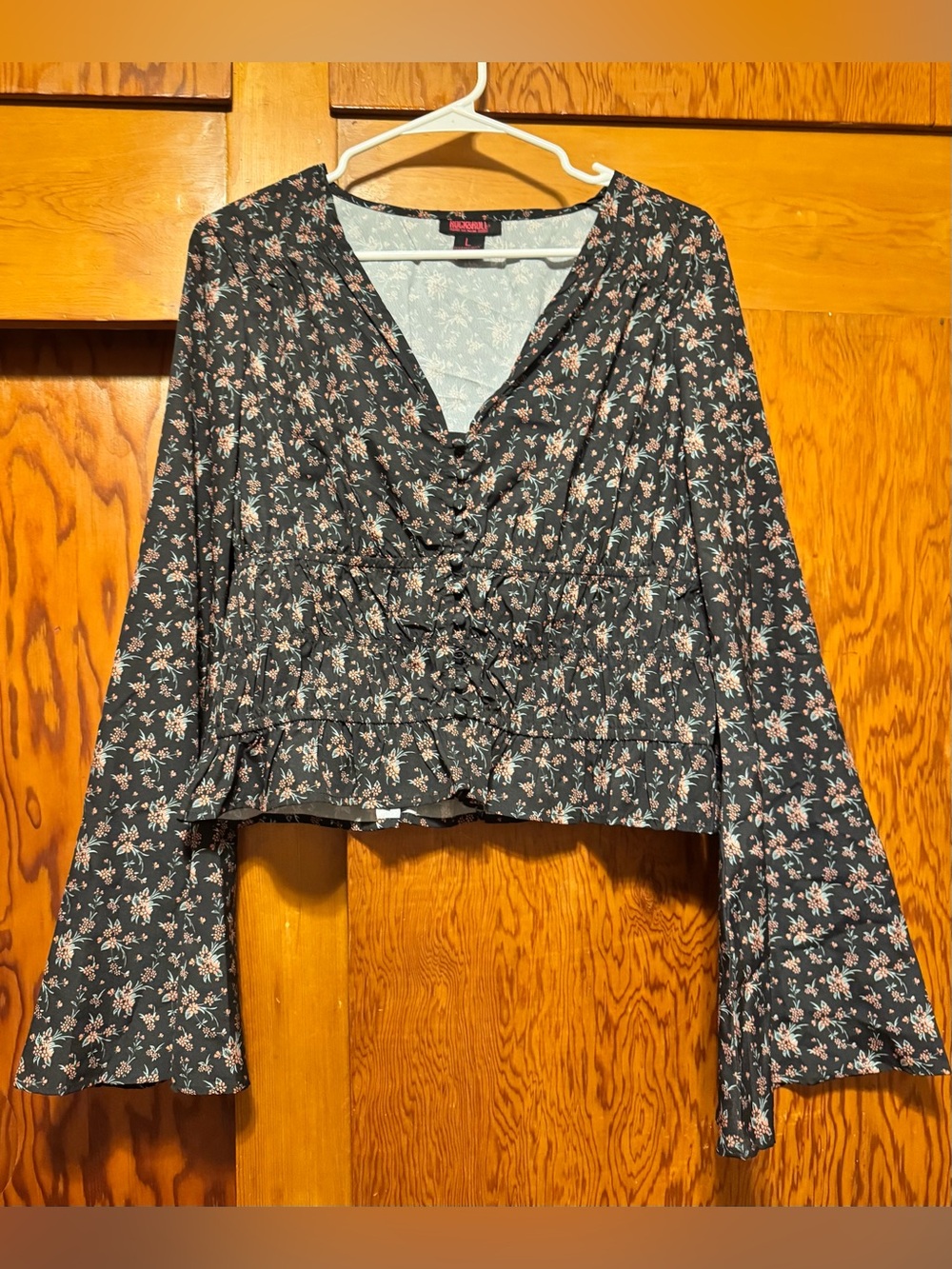 Rock & Roll Cowgirl Black Floral Lace-Up Peasant Top